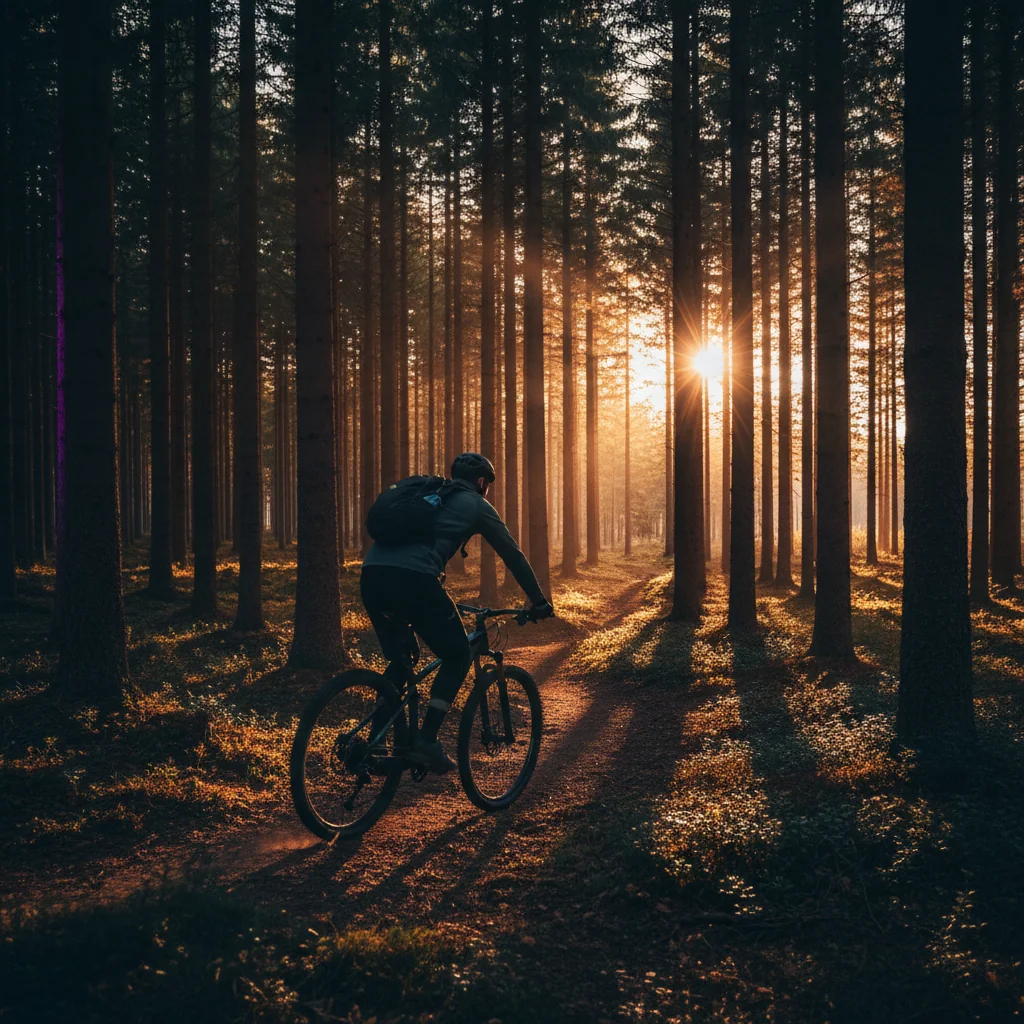Aktiv man cyklar längs nordisk skogsväg vid gyllene timmen - symboliserar ett aktivt och hälsosamt liv efter 40